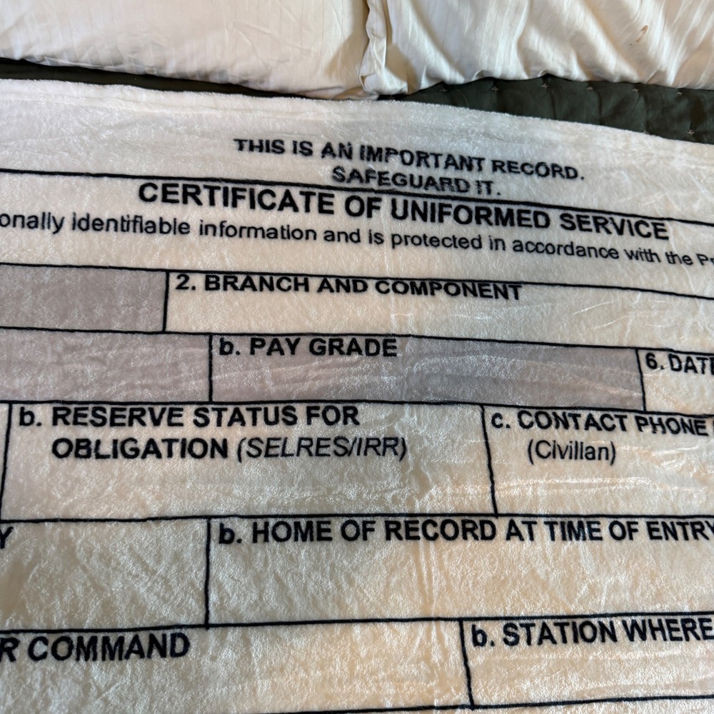 DD Form 214 Certificate of Uniformed Service Military Fleece Throw Blanket White